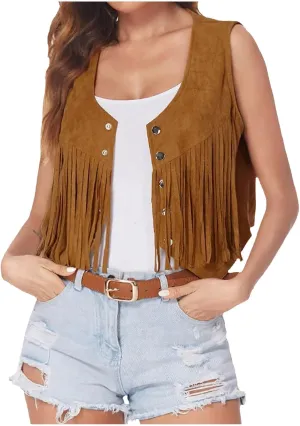 Womens Crop Vest Jacket Faux Suede Tassel Button Cardigan Coat Cowgirls 70s Hippie Cool Sleeveless Open Front Vest