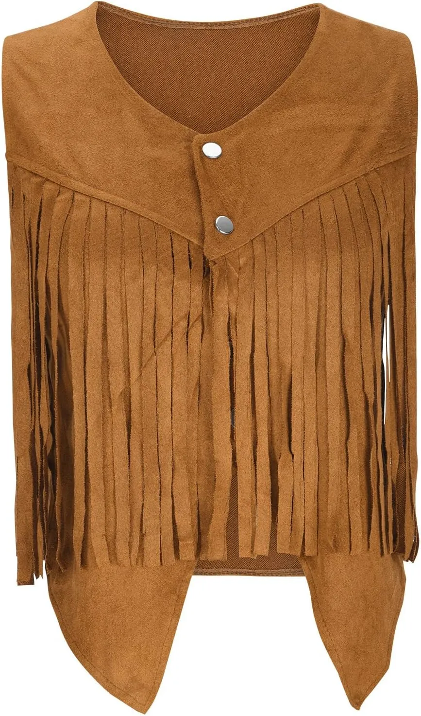 Womens Crop Vest Jacket Faux Suede Tassel Button Cardigan Coat Cowgirls 70s Hippie Cool Sleeveless Open Front Vest