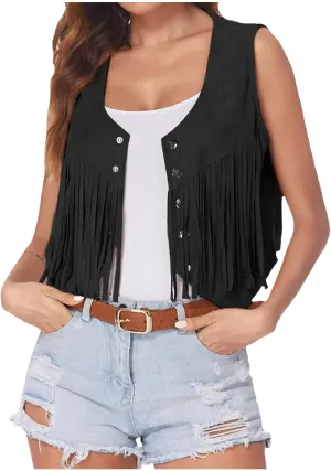 Womens Crop Vest Jacket Faux Suede Tassel Button Cardigan Coat Cowgirls 70s Hippie Cool Sleeveless Open Front Vest