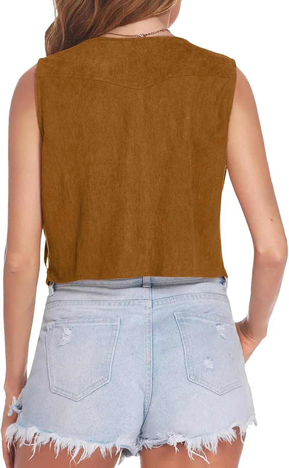 Womens Crop Vest Jacket Faux Suede Tassel Button Cardigan Coat Cowgirls 70s Hippie Cool Sleeveless Open Front Vest