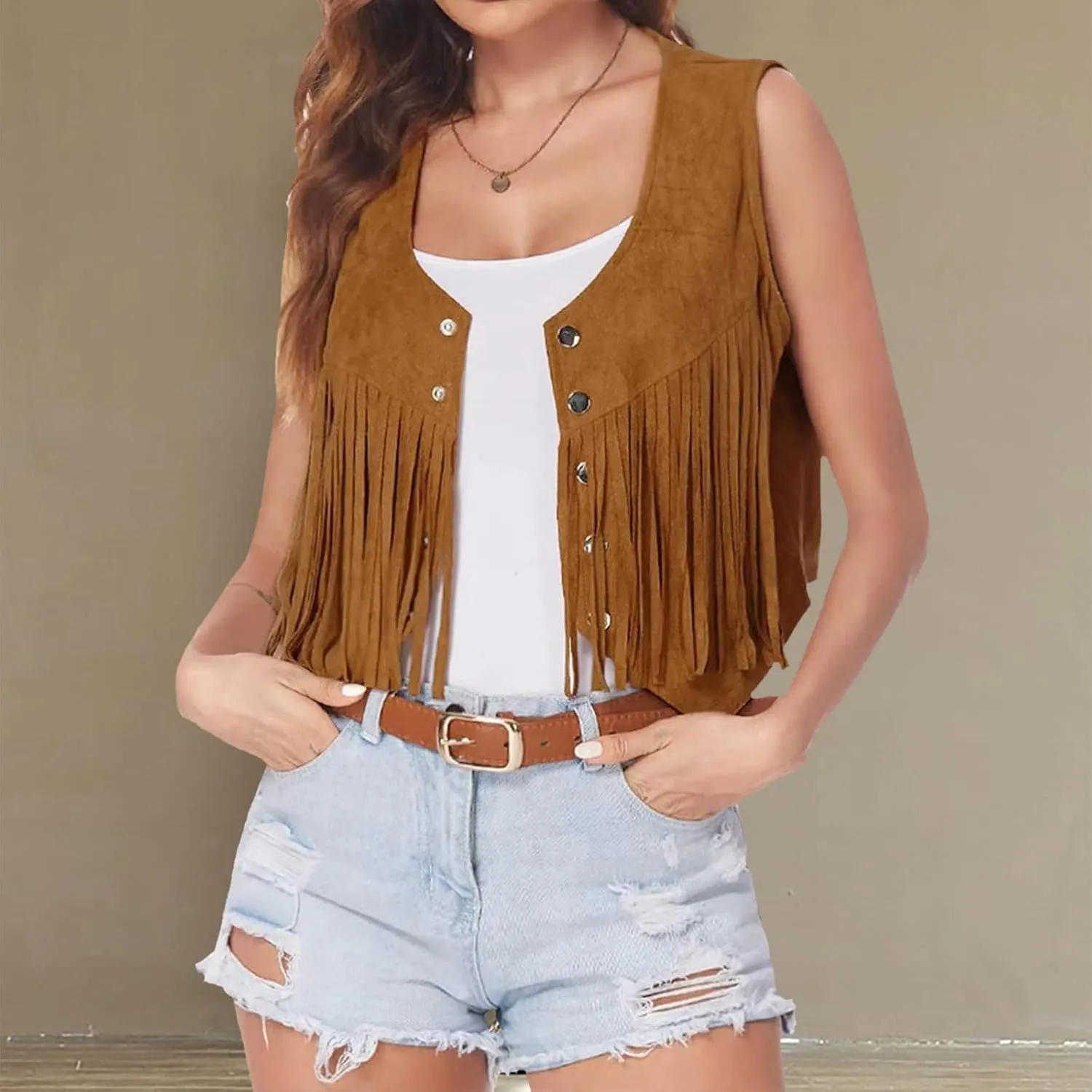 Womens Crop Vest Jacket Faux Suede Tassel Button Cardigan Coat Cowgirls 70s Hippie Cool Sleeveless Open Front Vest