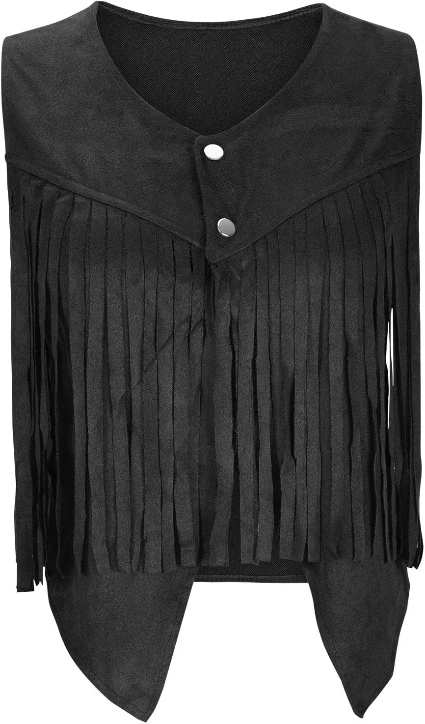 Womens Crop Vest Jacket Faux Suede Tassel Button Cardigan Coat Cowgirls 70s Hippie Cool Sleeveless Open Front Vest