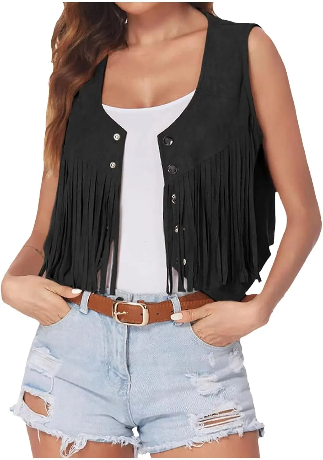 Womens Crop Vest Jacket Faux Suede Tassel Button Cardigan Coat Cowgirls 70s Hippie Cool Sleeveless Open Front Vest