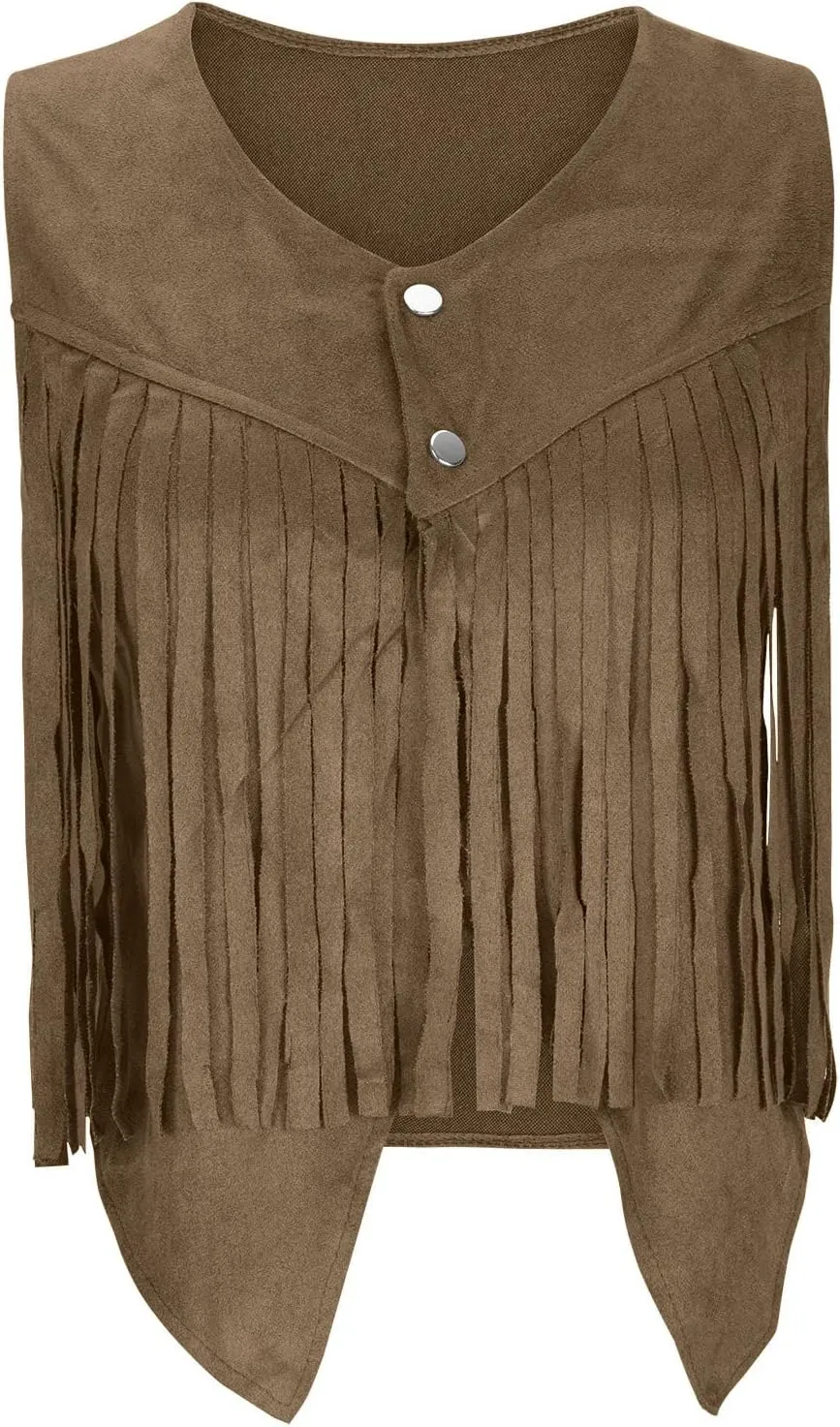 Womens Crop Vest Jacket Faux Suede Tassel Button Cardigan Coat Cowgirls 70s Hippie Cool Sleeveless Open Front Vest