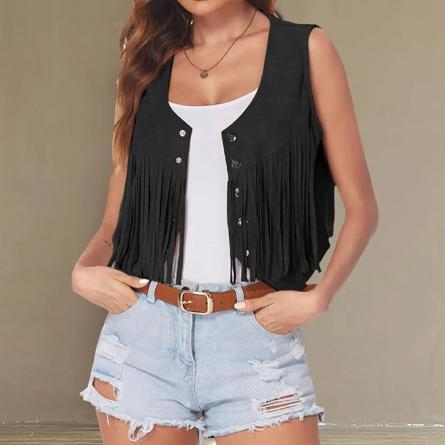 Womens Crop Vest Jacket Faux Suede Tassel Button Cardigan Coat Cowgirls 70s Hippie Cool Sleeveless Open Front Vest