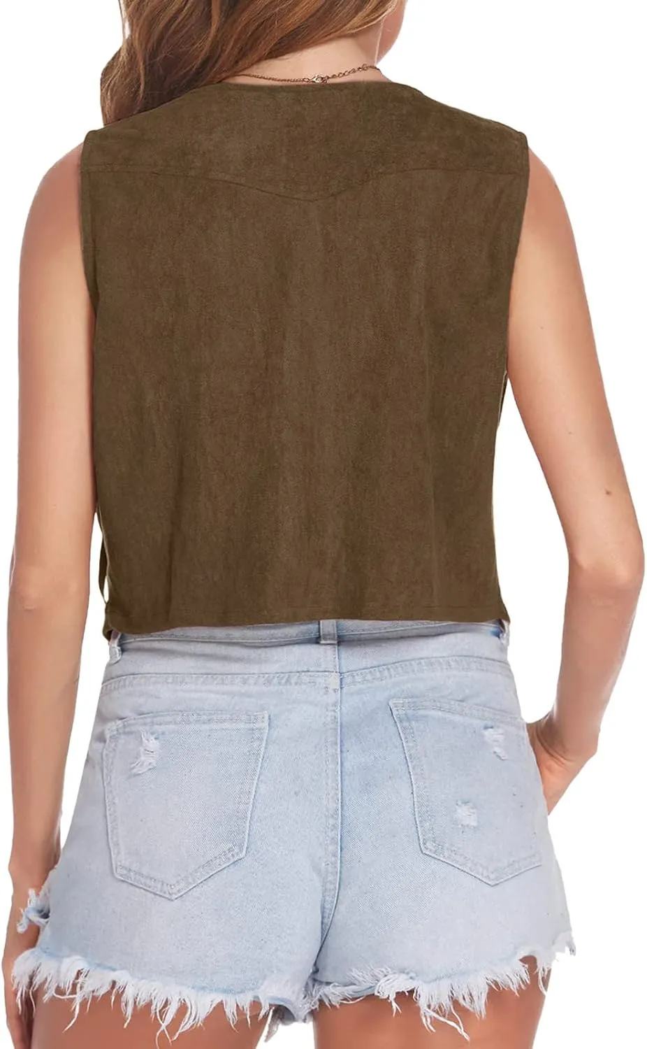 Womens Crop Vest Jacket Faux Suede Tassel Button Cardigan Coat Cowgirls 70s Hippie Cool Sleeveless Open Front Vest