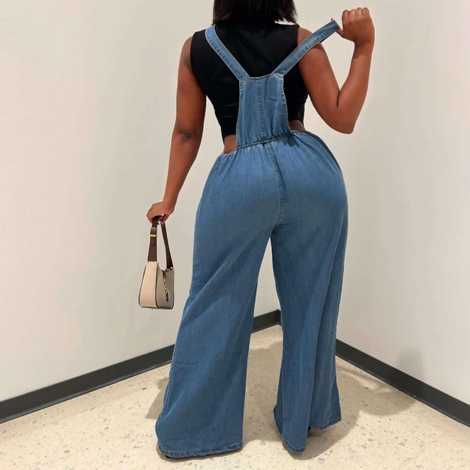 Women's Denim Bib Overalls Wide Leg Loose Fit Ripped Adjustable Strap Casual Sleeveless Cargo Jeans Jumpsuits