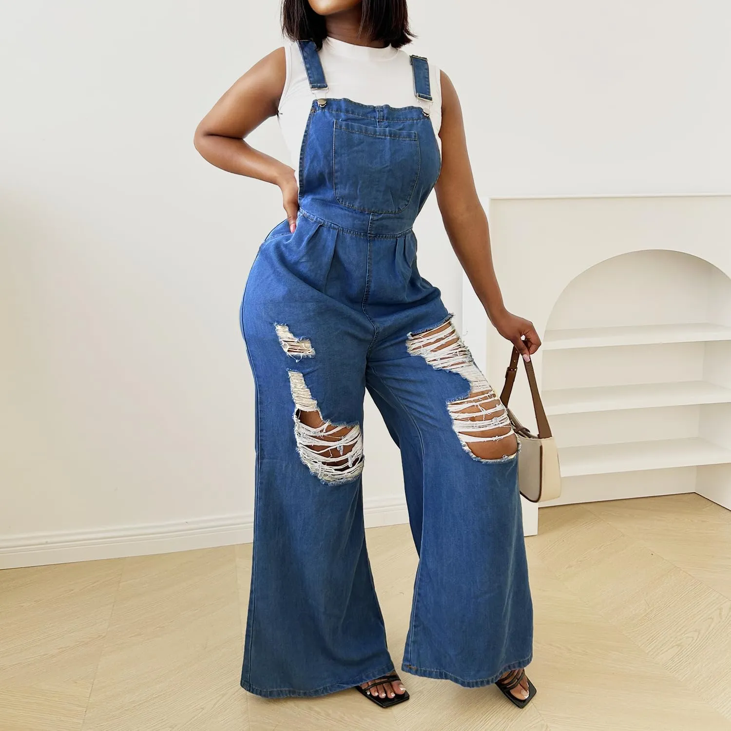 Women's Denim Bib Overalls Wide Leg Loose Fit Ripped Adjustable Strap Casual Sleeveless Cargo Jeans Jumpsuits