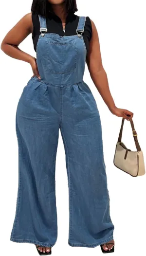 Women's Denim Bib Overalls Wide Leg Loose Fit Ripped Adjustable Strap Casual Sleeveless Cargo Jeans Jumpsuits