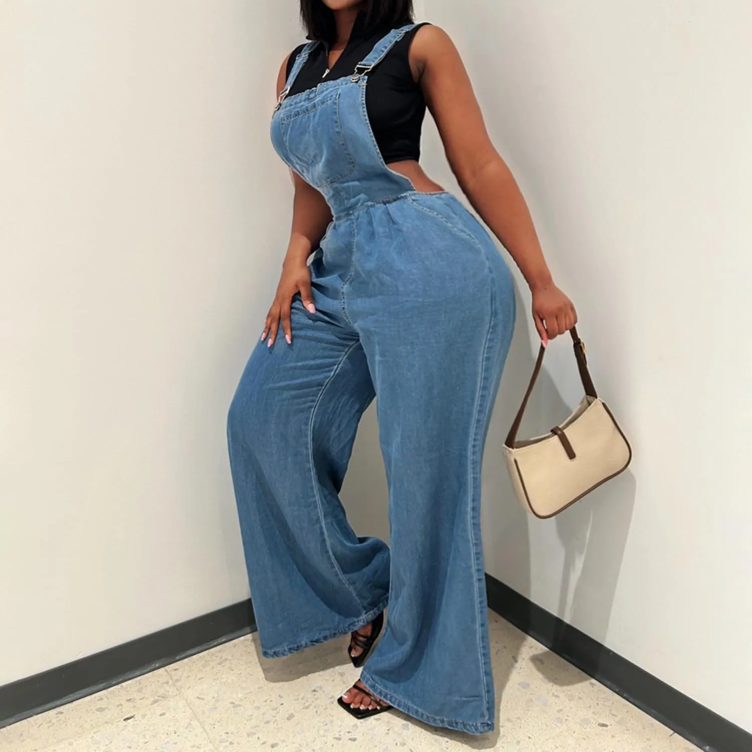 Women's Denim Bib Overalls Wide Leg Loose Fit Ripped Adjustable Strap Casual Sleeveless Cargo Jeans Jumpsuits