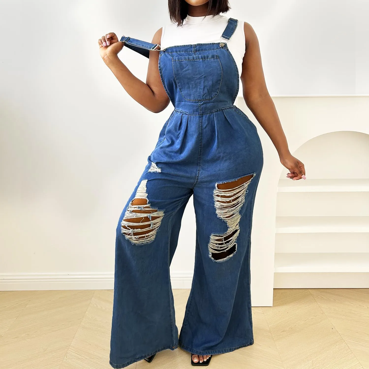 Women's Denim Bib Overalls Wide Leg Loose Fit Ripped Adjustable Strap Casual Sleeveless Cargo Jeans Jumpsuits