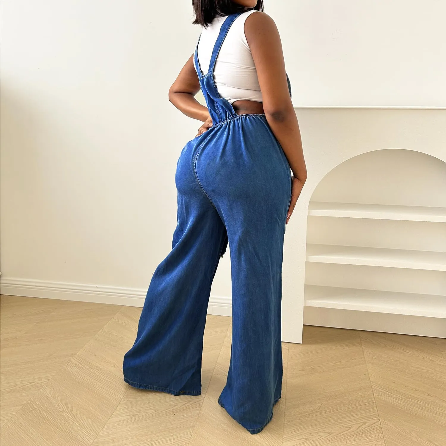 Women's Denim Bib Overalls Wide Leg Loose Fit Ripped Adjustable Strap Casual Sleeveless Cargo Jeans Jumpsuits