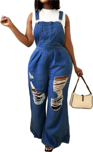 Women's Denim Bib Overalls Wide Leg Loose Fit Ripped Adjustable Strap Casual Sleeveless Cargo Jeans Jumpsuits