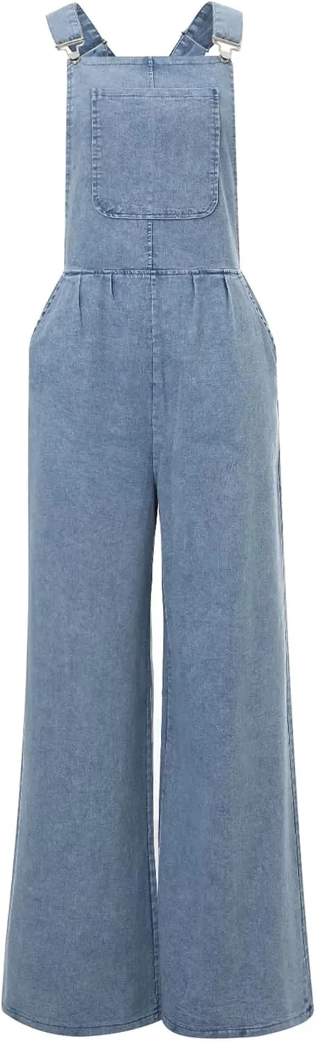 Women's Denim Bib Overalls Wide Leg Loose Fit Ripped Adjustable Strap Casual Sleeveless Cargo Jeans Jumpsuits