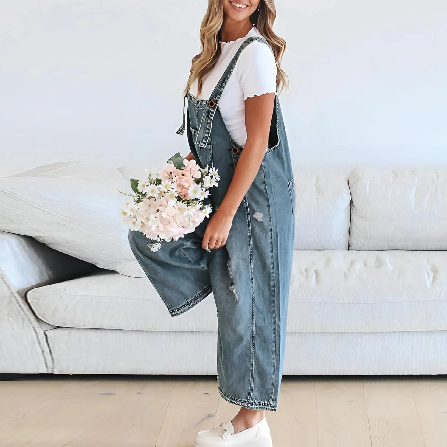 Womens Denim Bib Overalls Y2K Ripped Adjustable Strap Baggy Jean Pants Jumpsuits Casual Vintage Romper with Pockets