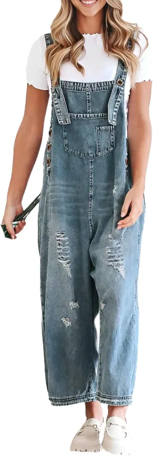 Womens Denim Bib Overalls Y2K Ripped Adjustable Strap Baggy Jean Pants Jumpsuits Casual Vintage Romper with Pockets