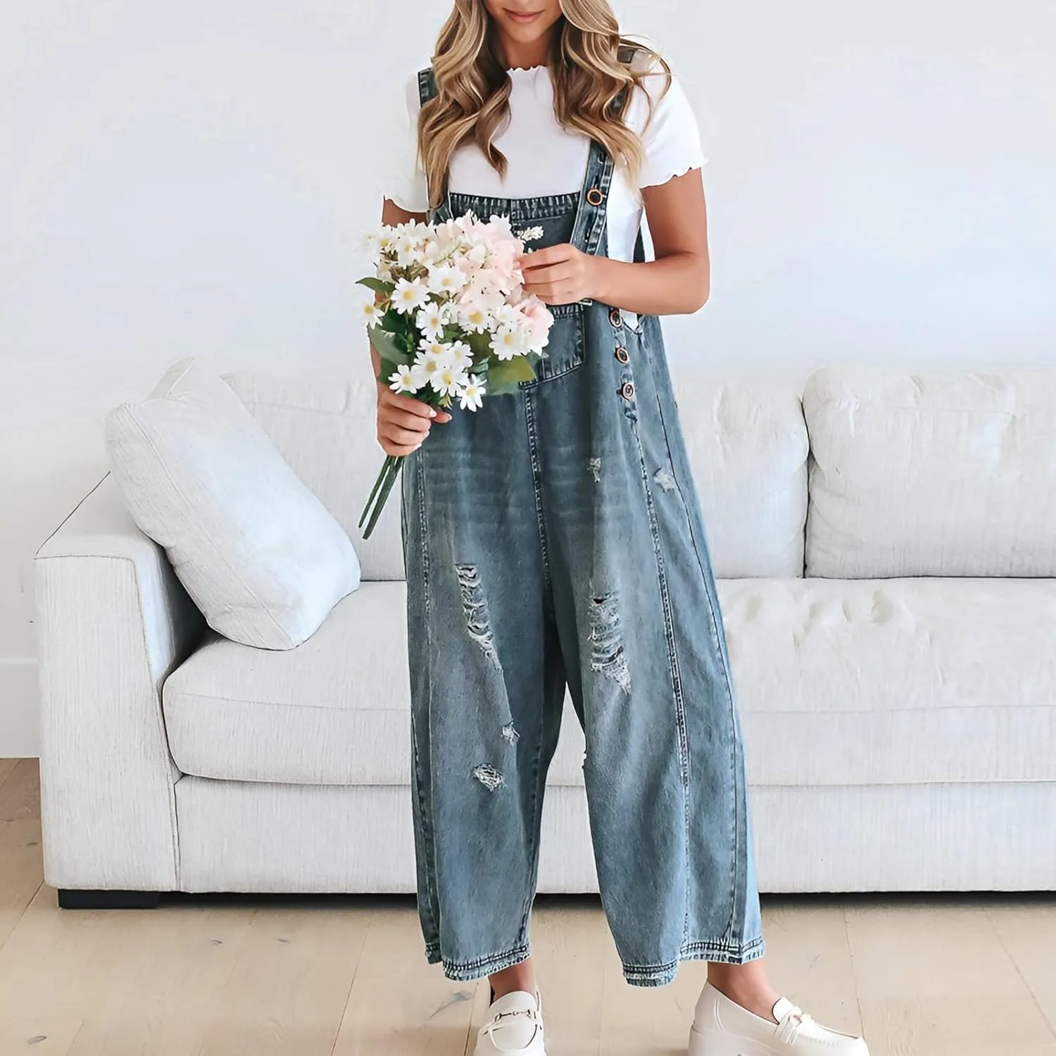 Womens Denim Bib Overalls Y2K Ripped Adjustable Strap Baggy Jean Pants Jumpsuits Casual Vintage Romper with Pockets