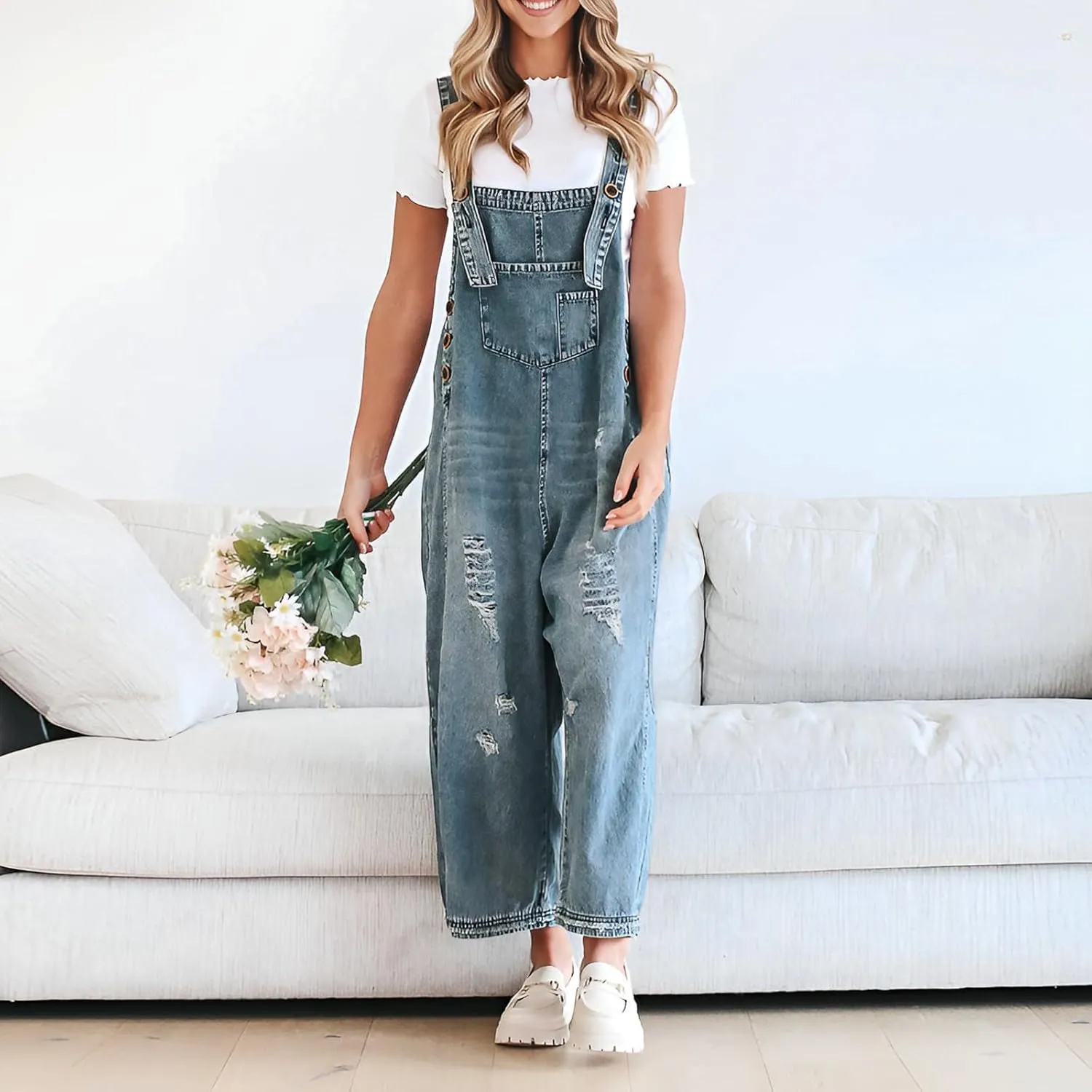 Womens Denim Bib Overalls Y2K Ripped Adjustable Strap Baggy Jean Pants Jumpsuits Casual Vintage Romper with Pockets