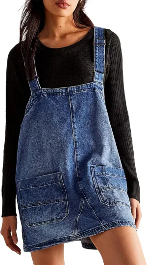 Womens Denim Overalls Casual Adjustable Strap Jeans Rompers Short Overalls Dress