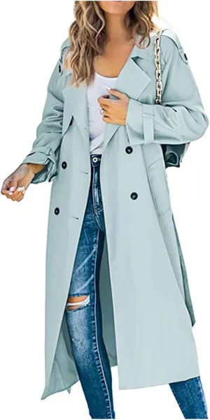 Womens Double Breasted Long Trench Coat Casual Lapel Open Front Pea Coat Winter Windbreaker Jacket Overcoat