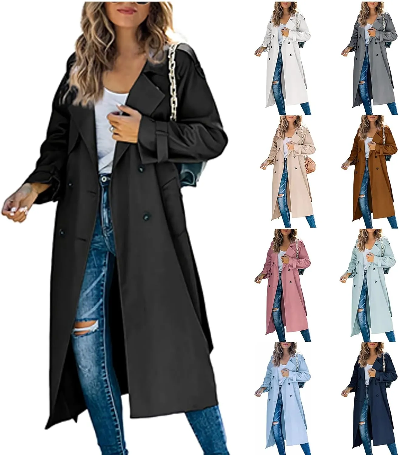 Womens Double Breasted Long Trench Coat Casual Lapel Open Front Pea Coat Winter Windbreaker Jacket Overcoat