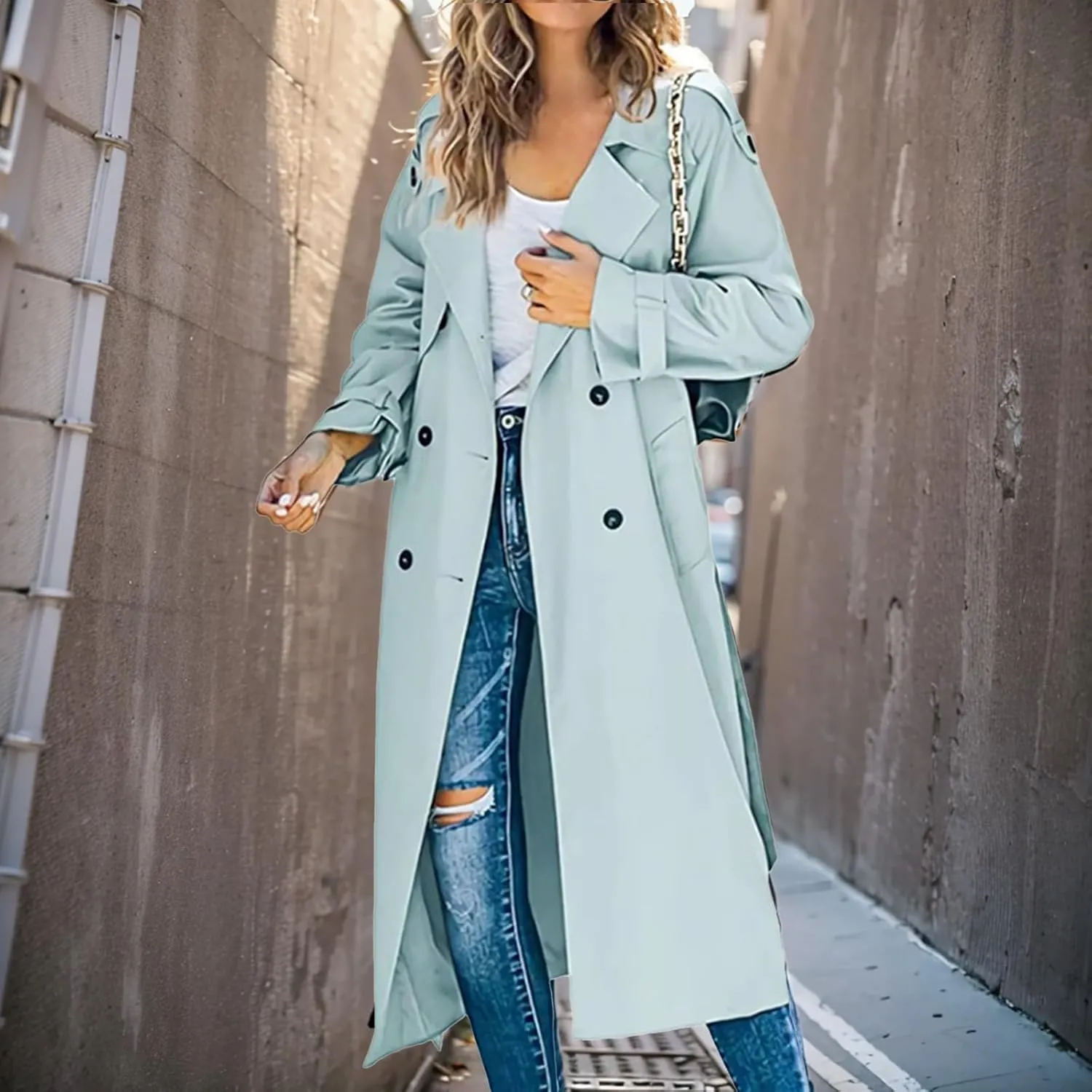 Womens Double Breasted Long Trench Coat Casual Lapel Open Front Pea Coat Winter Windbreaker Jacket Overcoat