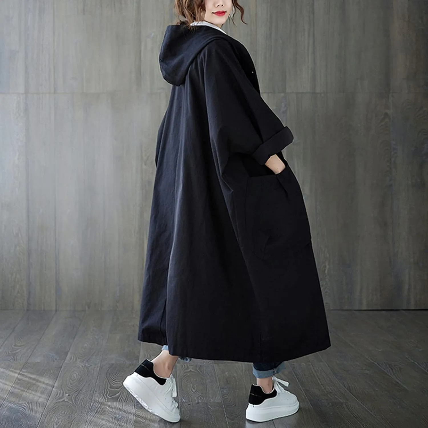 Womens Double Breasted Trench Coat Pocket Cardigan Button Top Sweater Knit Hooded Coat Slim Outerwear Coats Trench