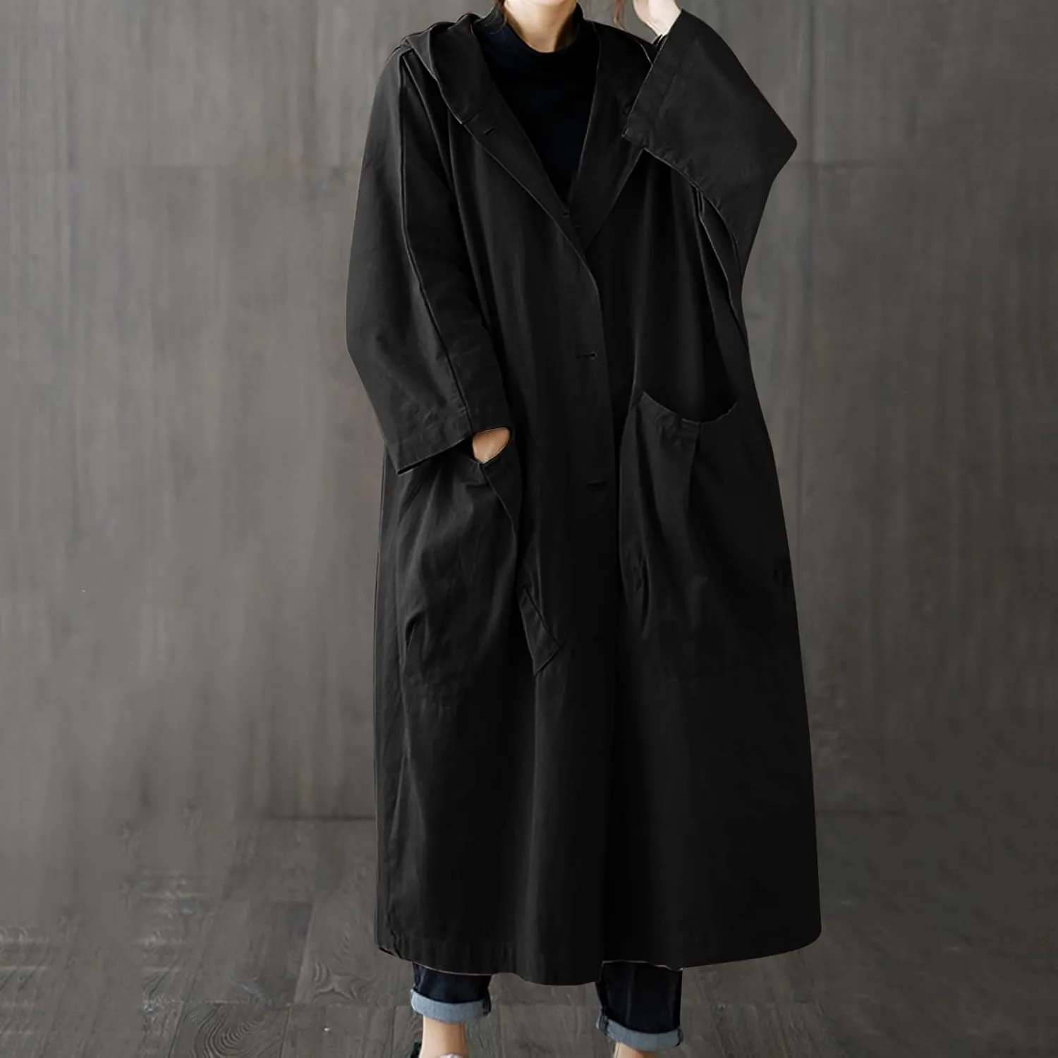 Womens Double Breasted Trench Coat Pocket Cardigan Button Top Sweater Knit Hooded Coat Slim Outerwear Coats Trench