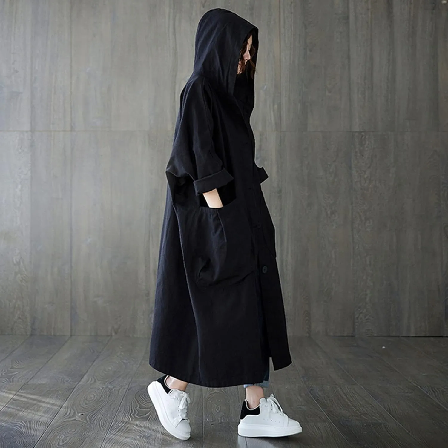 Womens Double Breasted Trench Coat Pocket Cardigan Button Top Sweater Knit Hooded Coat Slim Outerwear Coats Trench