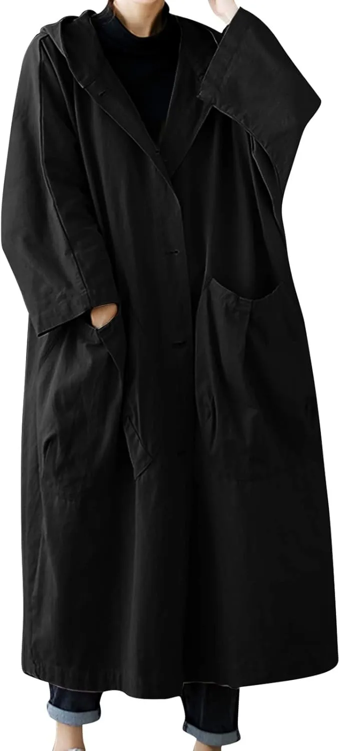 Womens Double Breasted Trench Coat Pocket Cardigan Button Top Sweater Knit Hooded Coat Slim Outerwear Coats Trench