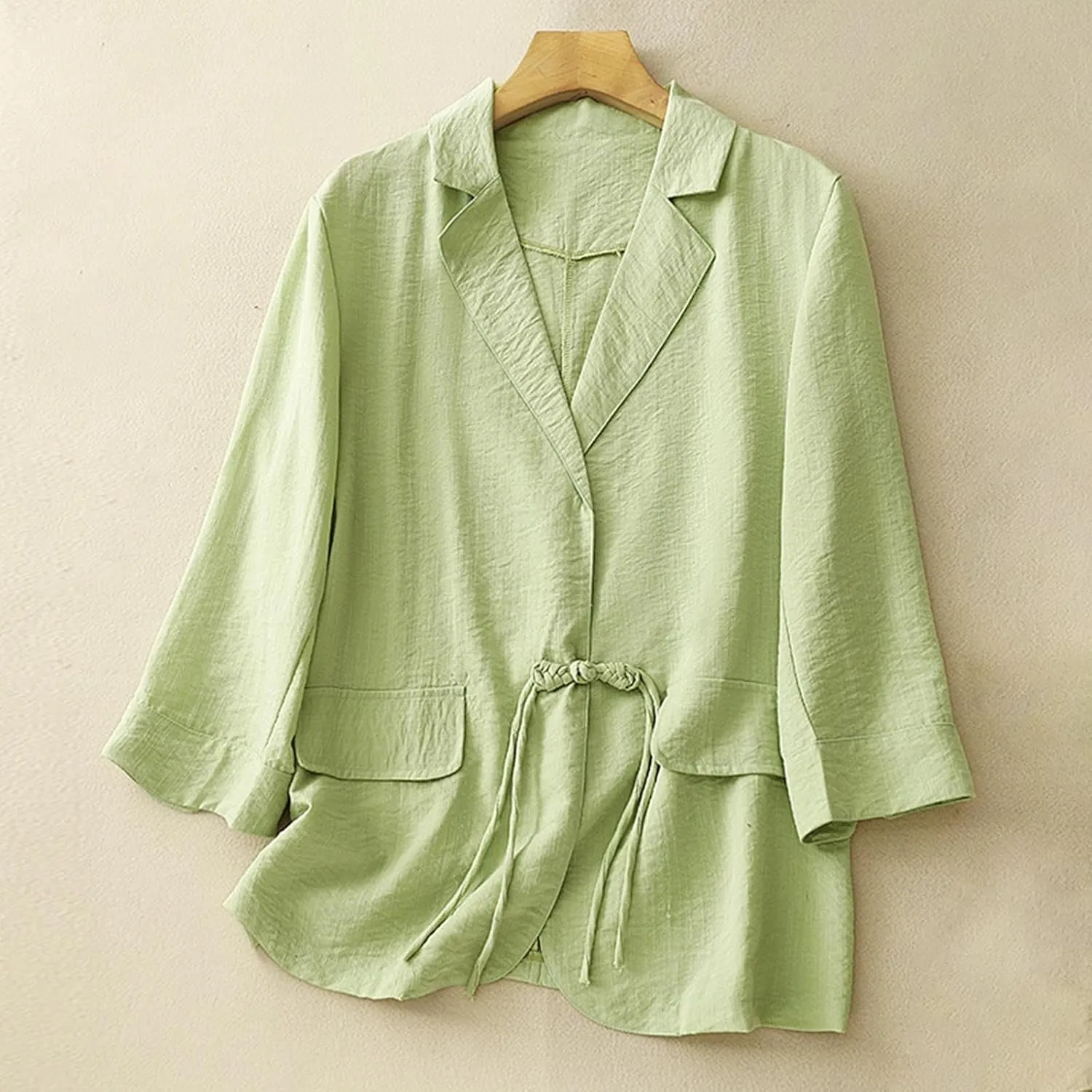 Women's Fall Casual Cotton Linen Blazers Lapel 3/4 Sleeve Open Front Lightweight Solid Color Jackets Coat with Pockets