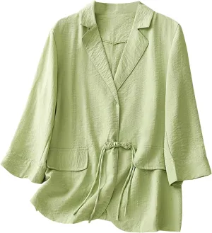 Women's Fall Casual Cotton Linen Blazers Lapel 3/4 Sleeve Open Front Lightweight Solid Color Jackets Coat with Pockets