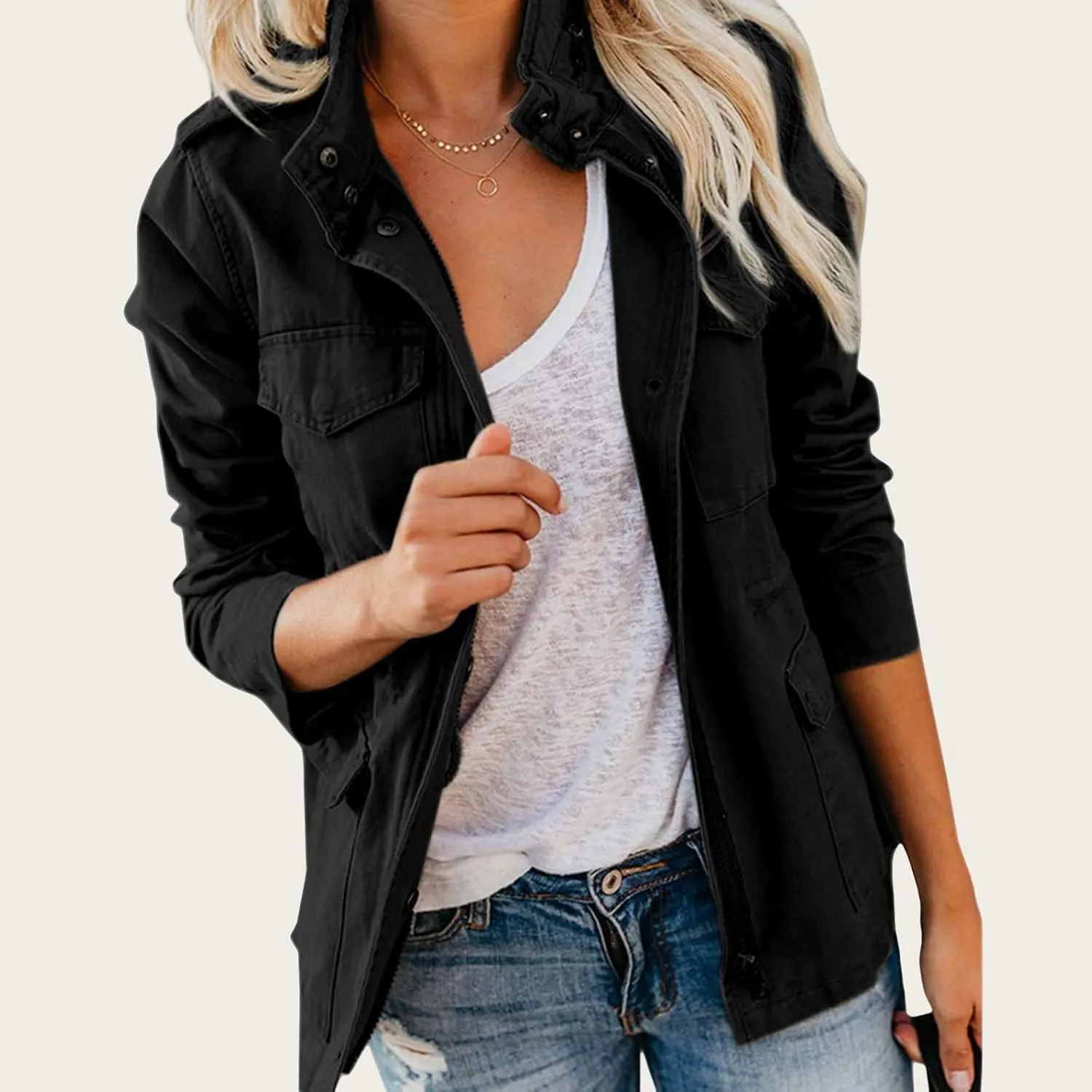 Womens Fall Jackets Military Anorak Jackets Lightweight Cargo Jacket Snap Buttons Parka Safari Utility Coats Pockets