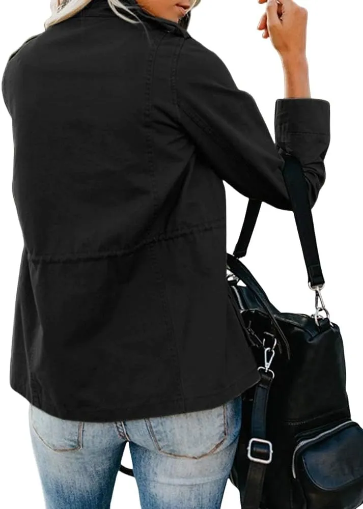 Womens Fall Jackets Military Anorak Jackets Lightweight Cargo Jacket Snap Buttons Parka Safari Utility Coats Pockets
