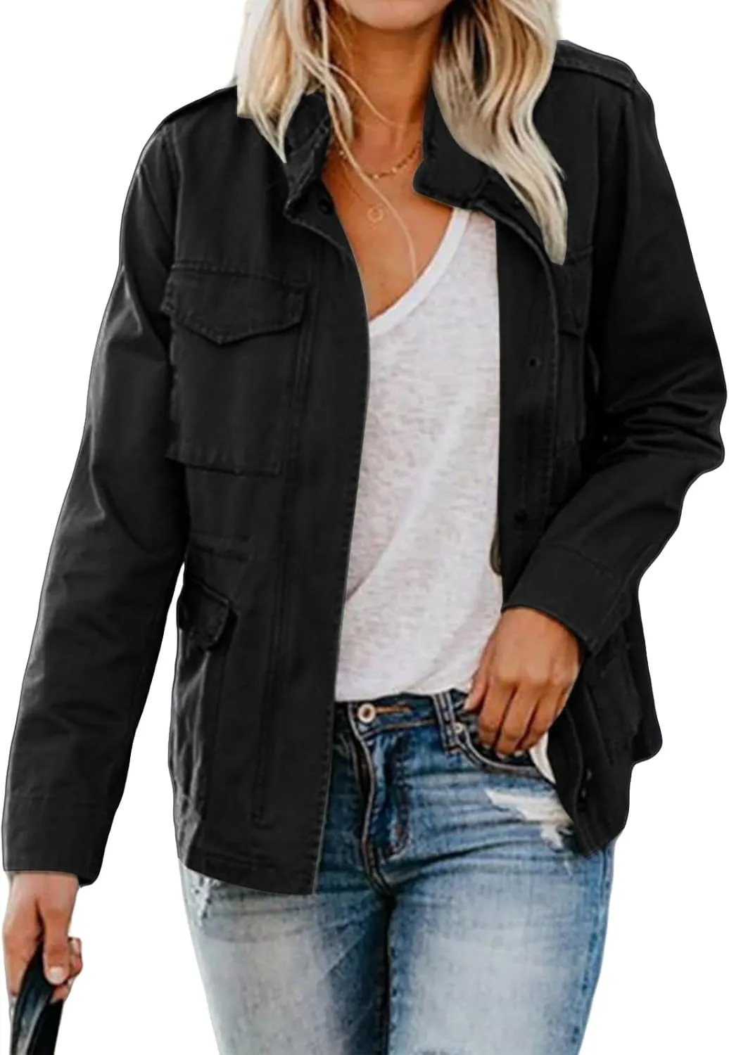 Womens Fall Jackets Military Anorak Jackets Lightweight Cargo Jacket Snap Buttons Parka Safari Utility Coats Pockets