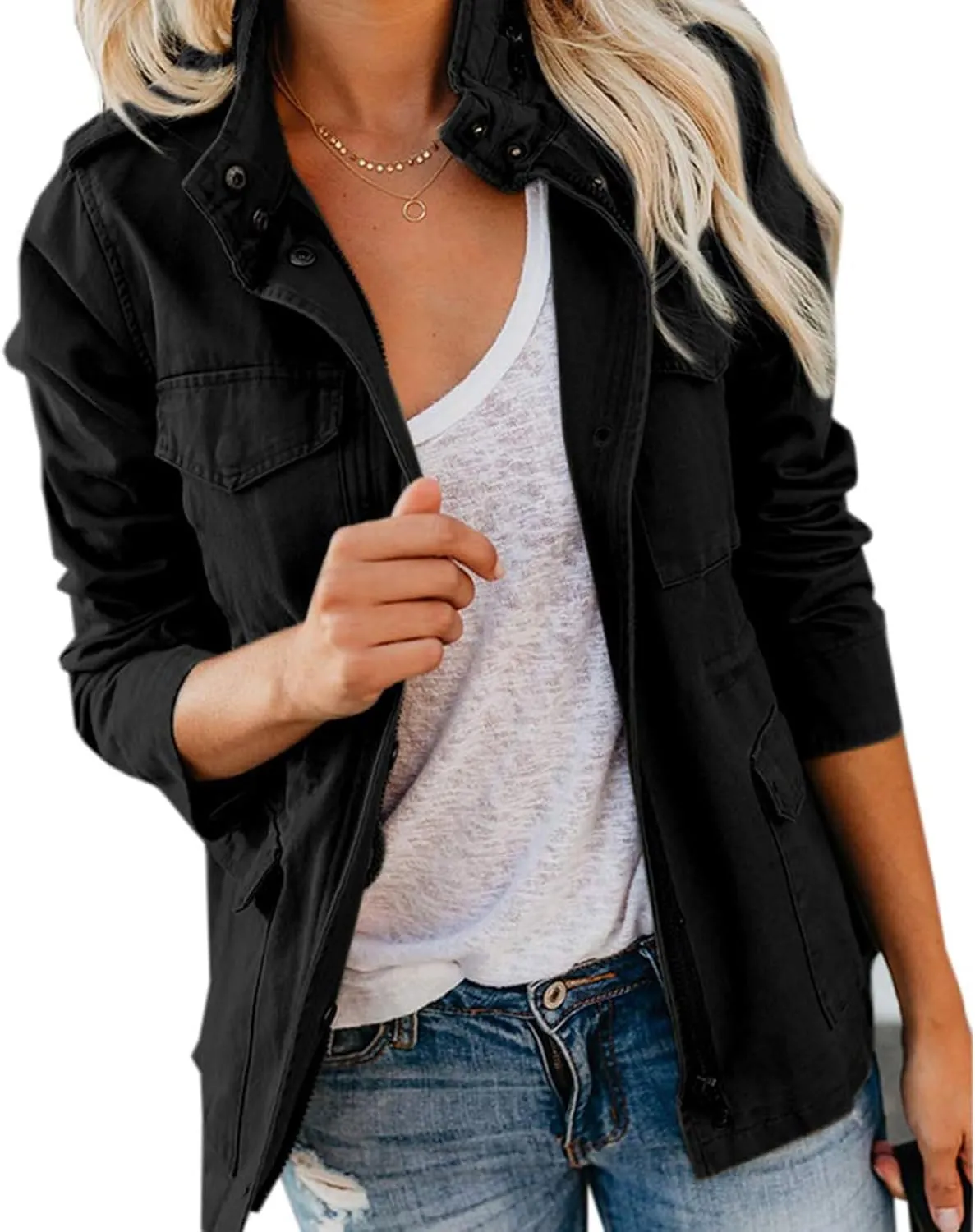 Womens Fall Jackets Military Anorak Jackets Lightweight Cargo Jacket Snap Buttons Parka Safari Utility Coats Pockets