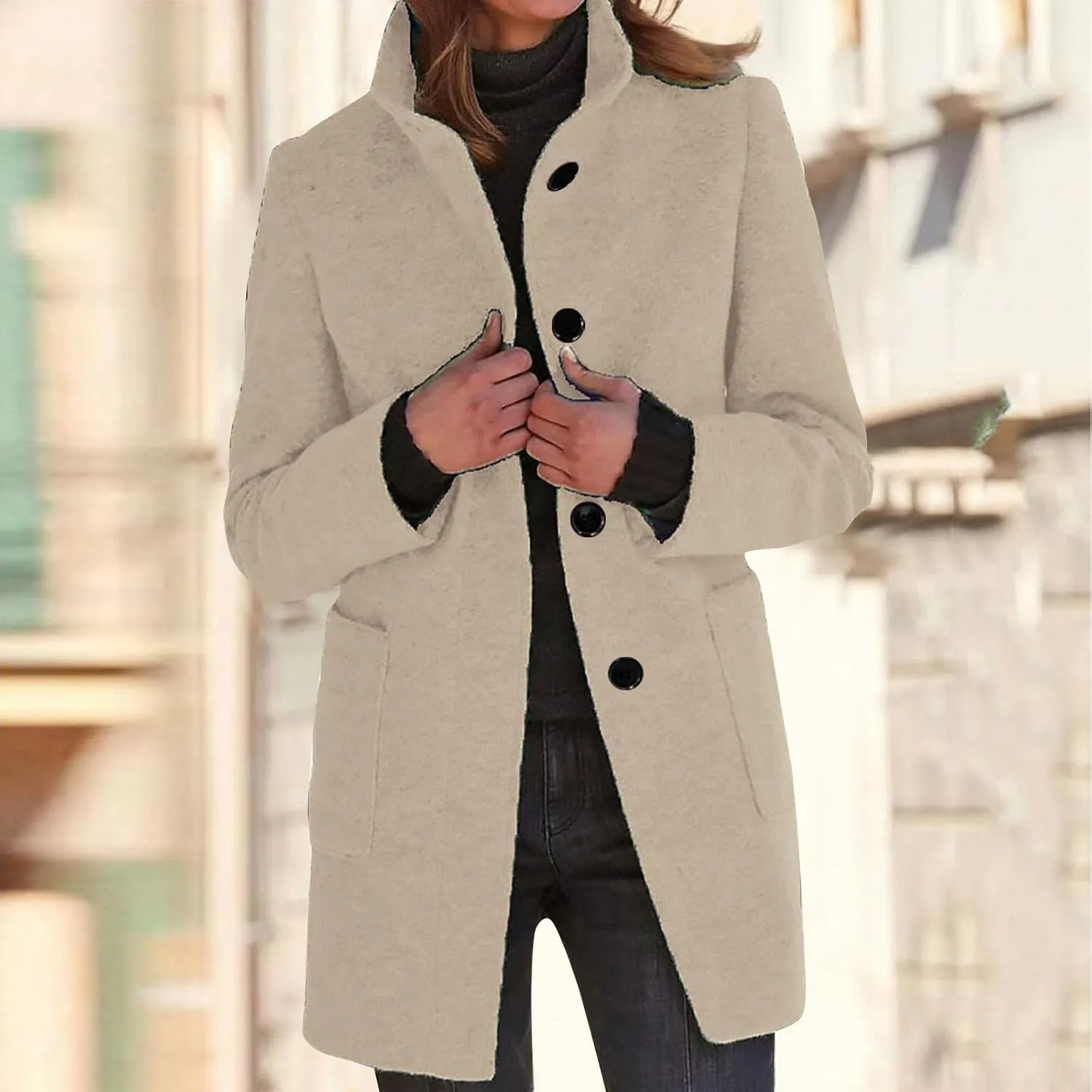 Womens Fall Winter Wool Coats Casual Notch Stand Collar Single Breasted Peacoat Thicken Blazer Jacket