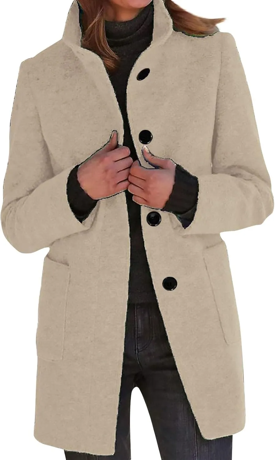 Womens Fall Winter Wool Coats Casual Notch Stand Collar Single Breasted Peacoat Thicken Blazer Jacket