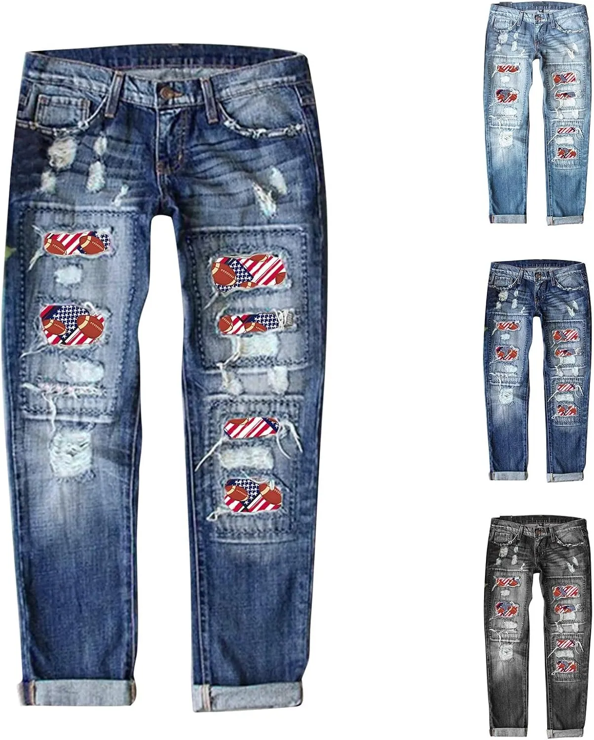 Women's Fashion Jeans 2024 Women's Fashion Football Print Jeans Print Ripped Casual Denim Pants for Women