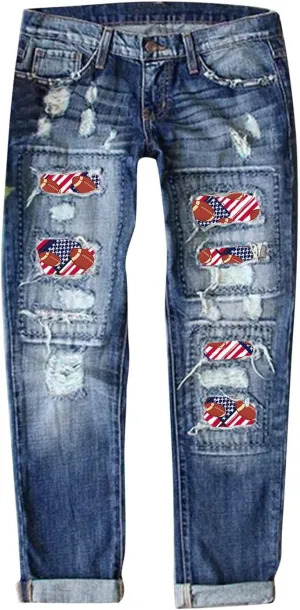 Women's Fashion Jeans 2024 Women's Fashion Football Print Jeans Print Ripped Casual Denim Pants for Women