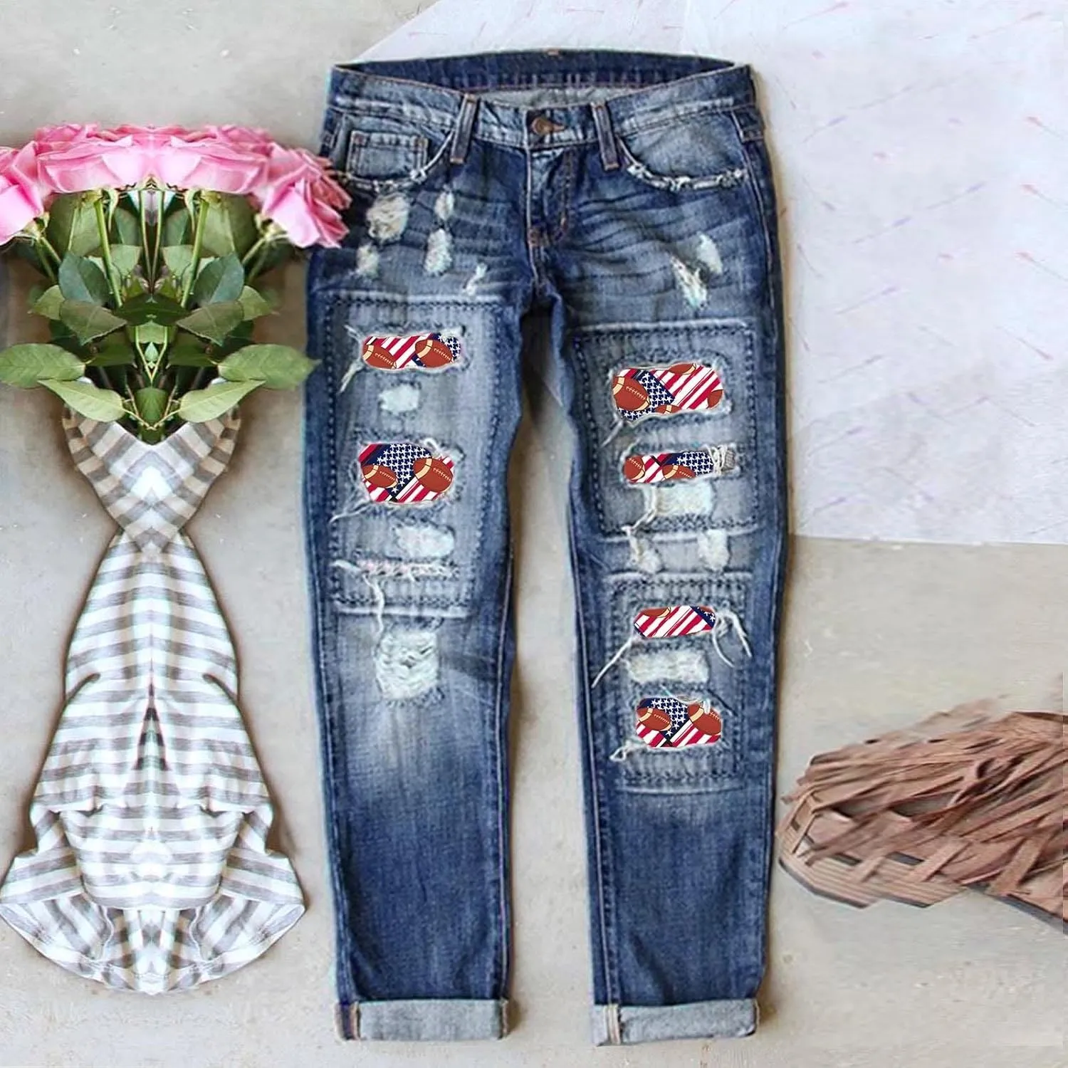 Women's Fashion Jeans 2024 Women's Fashion Football Print Jeans Print Ripped Casual Denim Pants for Women