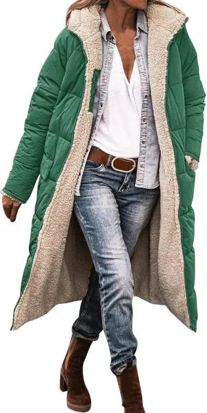 Womens Fashion Solid Long Fleece Coats with Pockets Zipper Warm Slim Outwear Reversible Hooded Winter Outdoor Overcoat