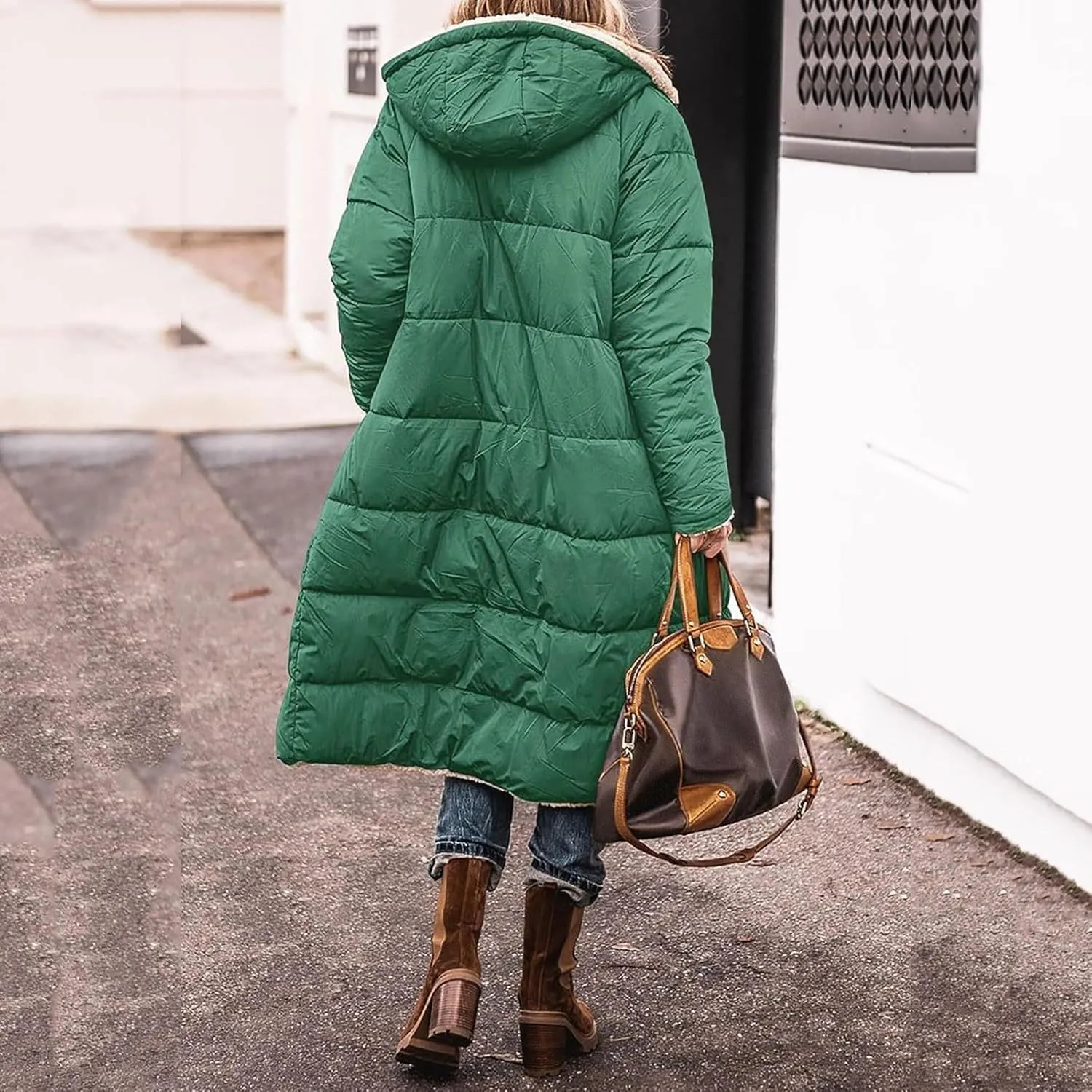Womens Fashion Solid Long Fleece Coats with Pockets Zipper Warm Slim Outwear Reversible Hooded Winter Outdoor Overcoat