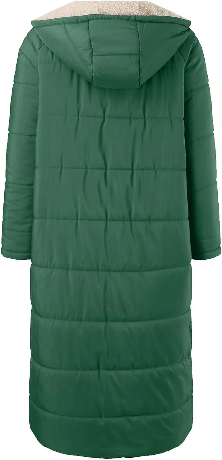 Womens Fashion Solid Long Fleece Coats with Pockets Zipper Warm Slim Outwear Reversible Hooded Winter Outdoor Overcoat