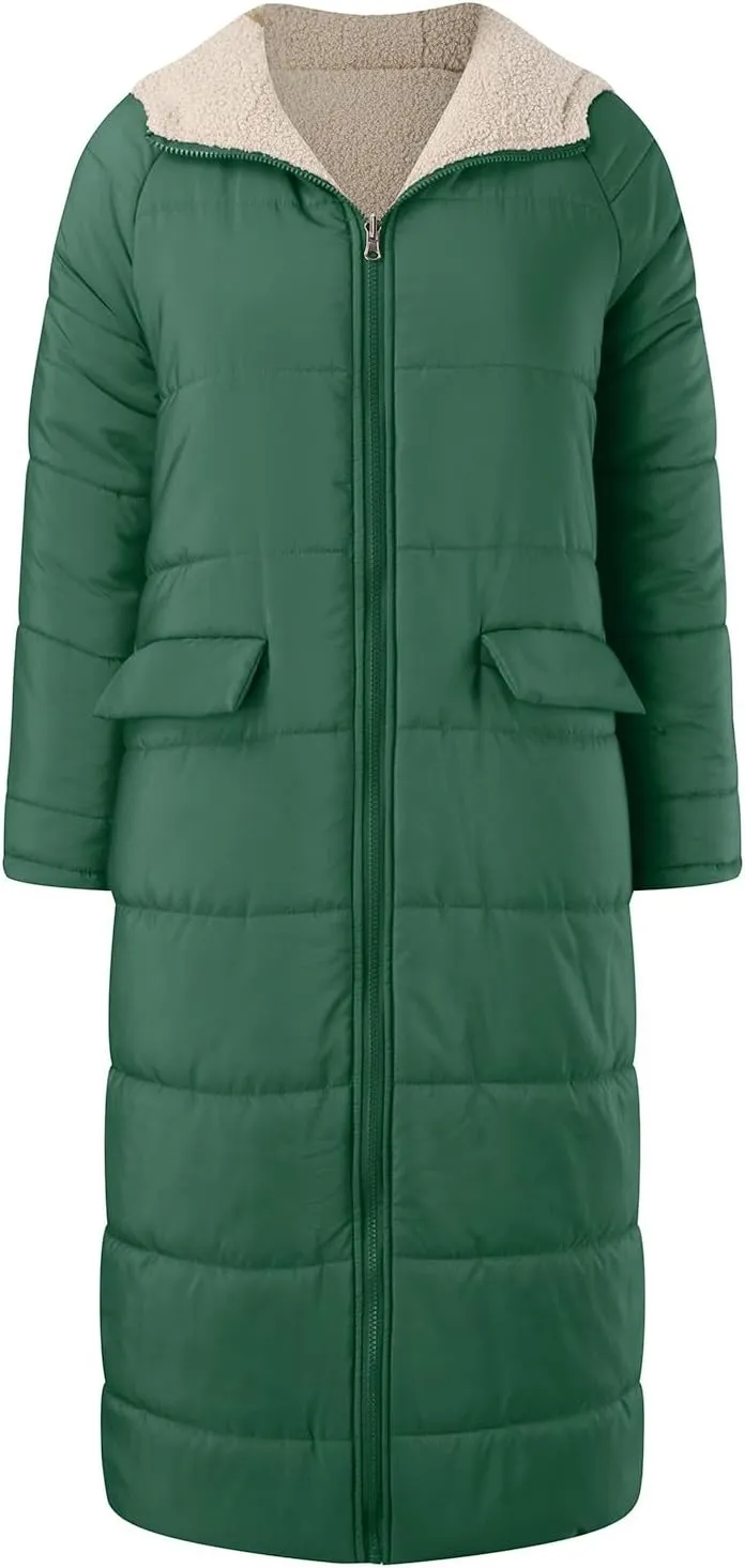 Womens Fashion Solid Long Fleece Coats with Pockets Zipper Warm Slim Outwear Reversible Hooded Winter Outdoor Overcoat