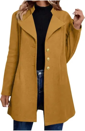 Womens Fashion Trench Coat Wool Blend Single Breasted Woolen Pea Coats Long Sleeve Business Casual Long Jackets