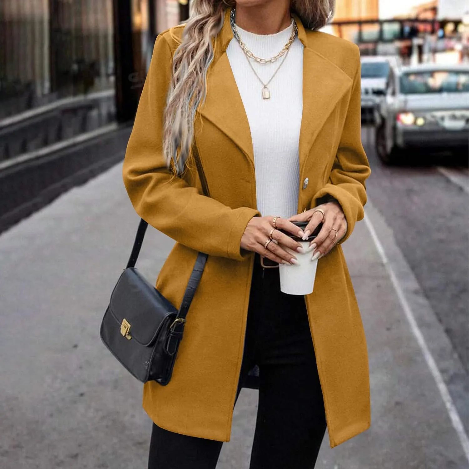 Womens Fashion Trench Coat Wool Blend Single Breasted Woolen Pea Coats Long Sleeve Business Casual Long Jackets