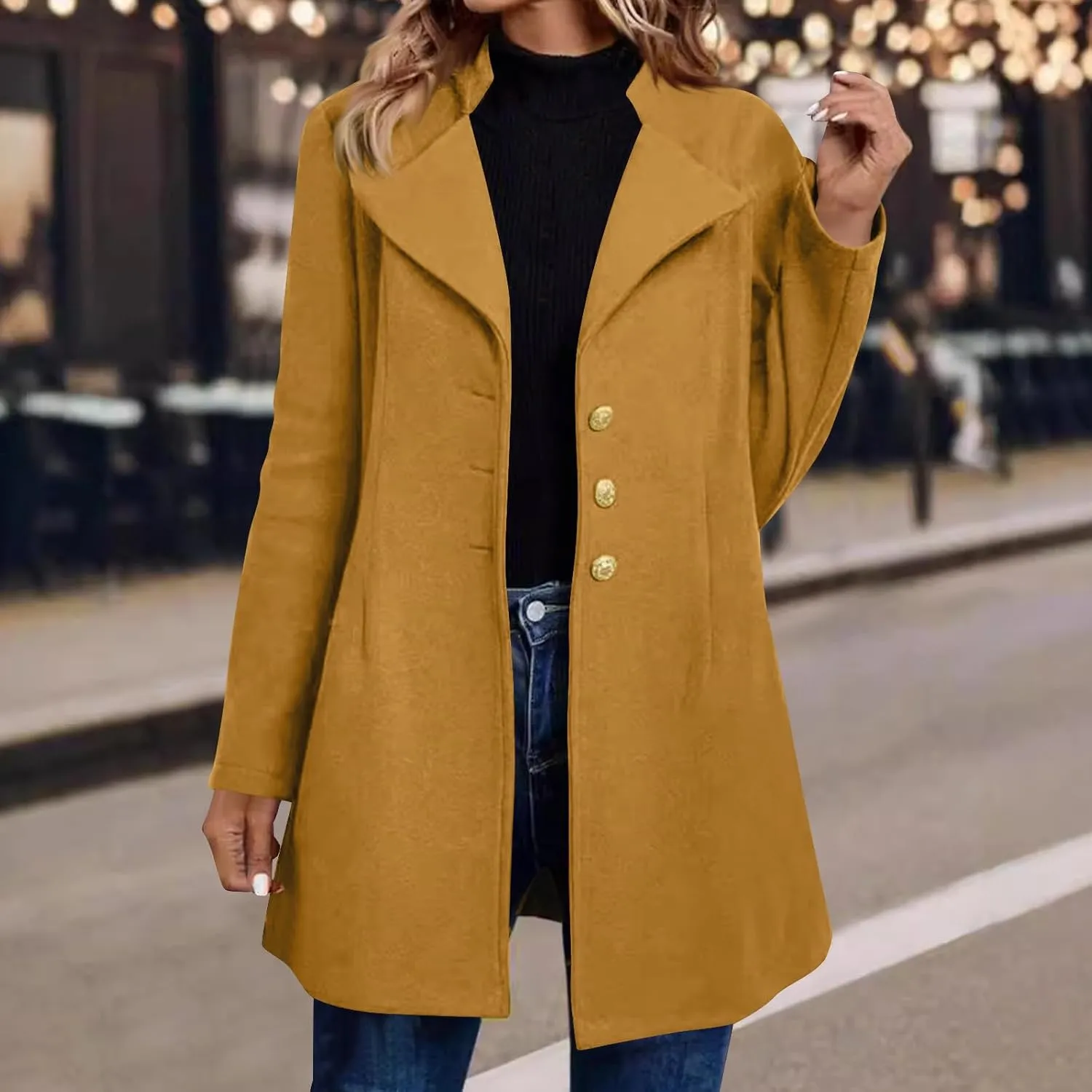 Womens Fashion Trench Coat Wool Blend Single Breasted Woolen Pea Coats Long Sleeve Business Casual Long Jackets