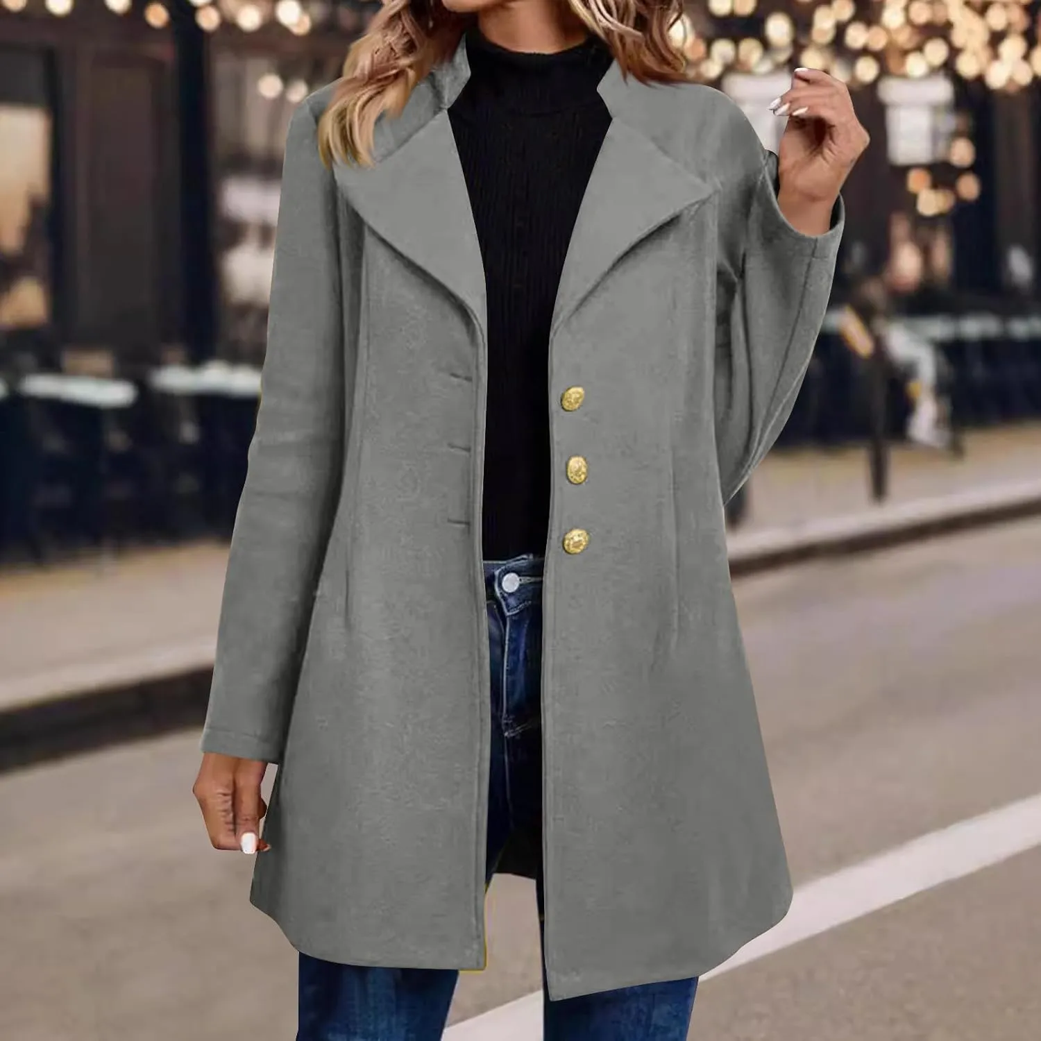 Womens Fashion Trench Coat Wool Blend Single Breasted Woolen Pea Coats Long Sleeve Business Casual Long Jackets