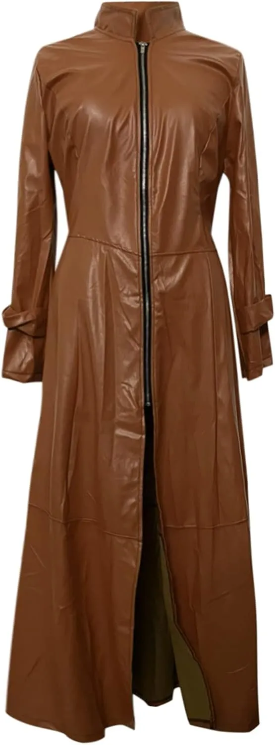 Womens Faux Leather Jacket Fashion Sexy Long Pu Moto Jackets Fall Plus Size Zipper Slim Fit Mock Neck Trench Coats